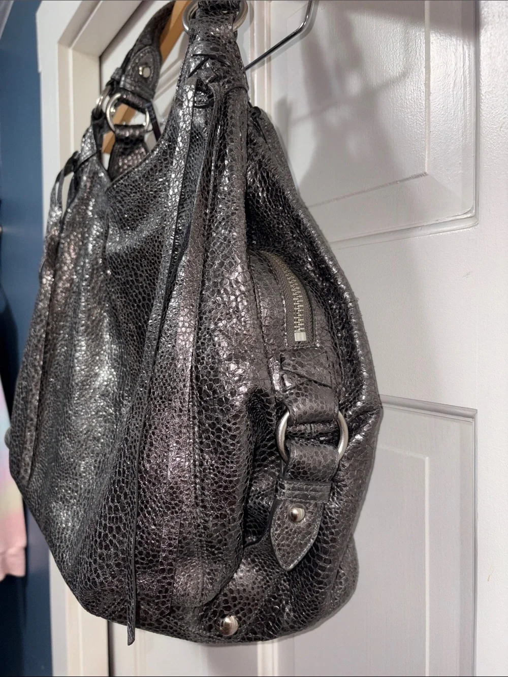 COACH Maggie Crinkle Gunmetal Silver Python Metallic Hobo Bag